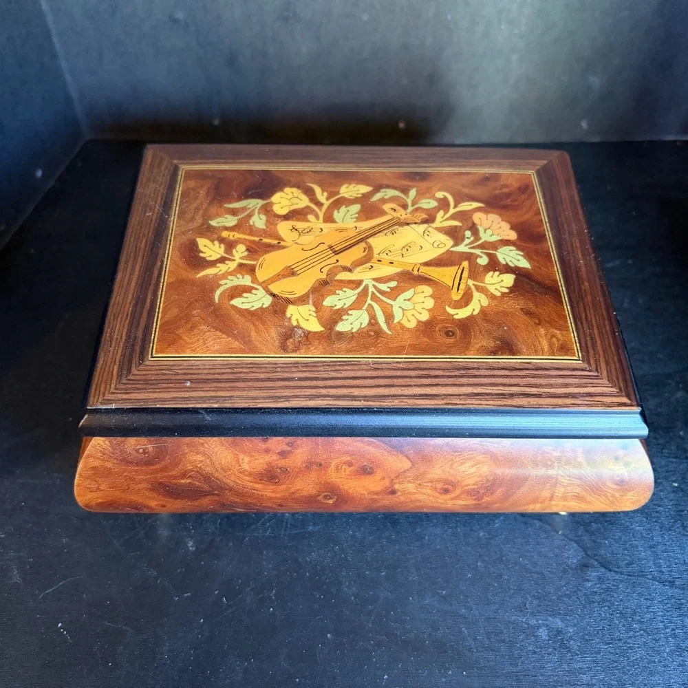 Vintage Inlaid Burl Wood Music Jewelry Box Violin Floral Marquetry Green Velvet